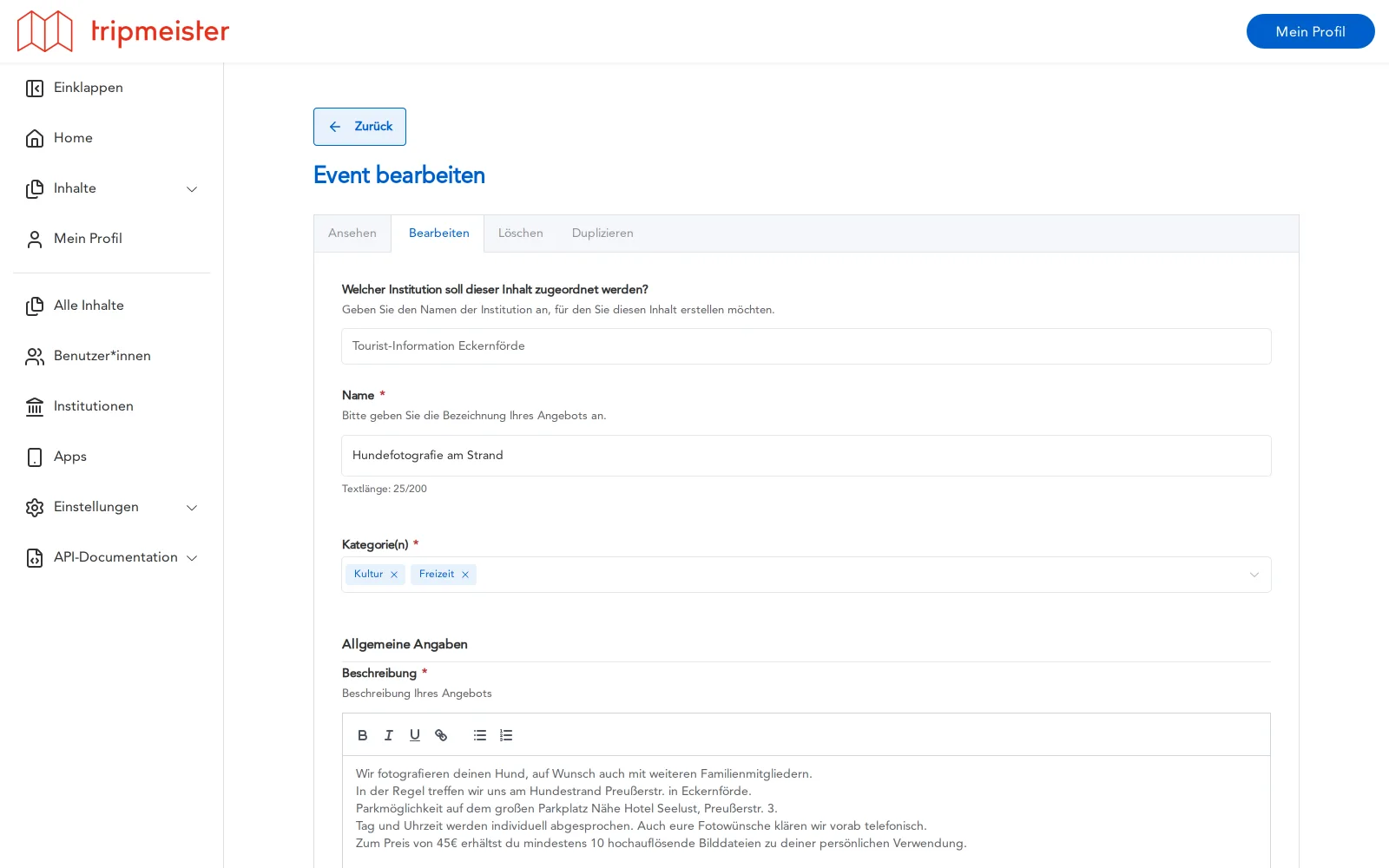 Bearbeitungsmaske eines Angebots im CMS: Institutionszuordnung, Bezeichnung mit Zeichenzähler, Kategorieauswahl und Rich-Text-Beschreibung