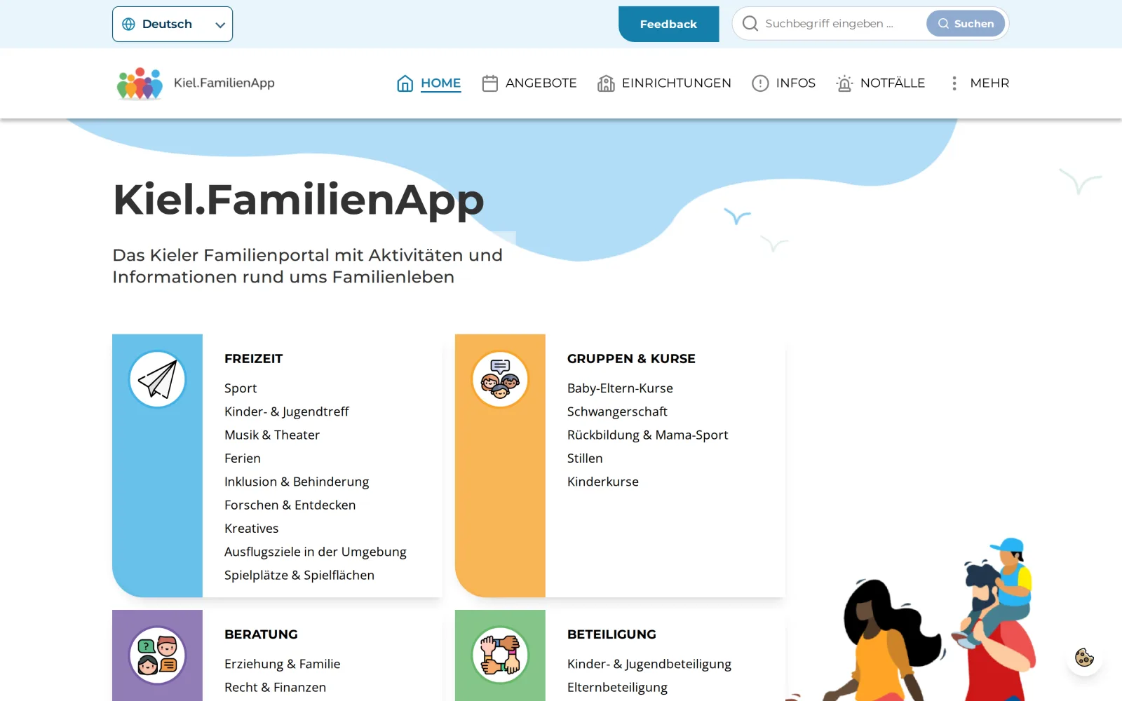 Startseite der Kiel.FamilienApp: Kategorien für Freizeit, Gruppen und Kurse, Beratung sowie Beteiligung, dazu Suche und Karte