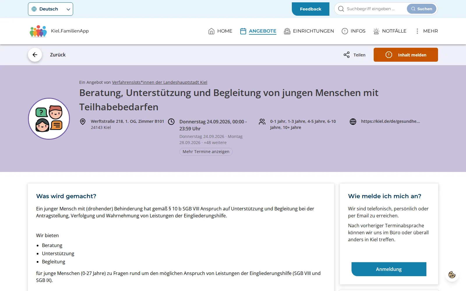 Detailseite eines Angebots der Kiel.FamilienApp mit Anbieterangabe, Adresse, wiederkehrenden Terminen, Altersgruppen und Anmeldeinformationen