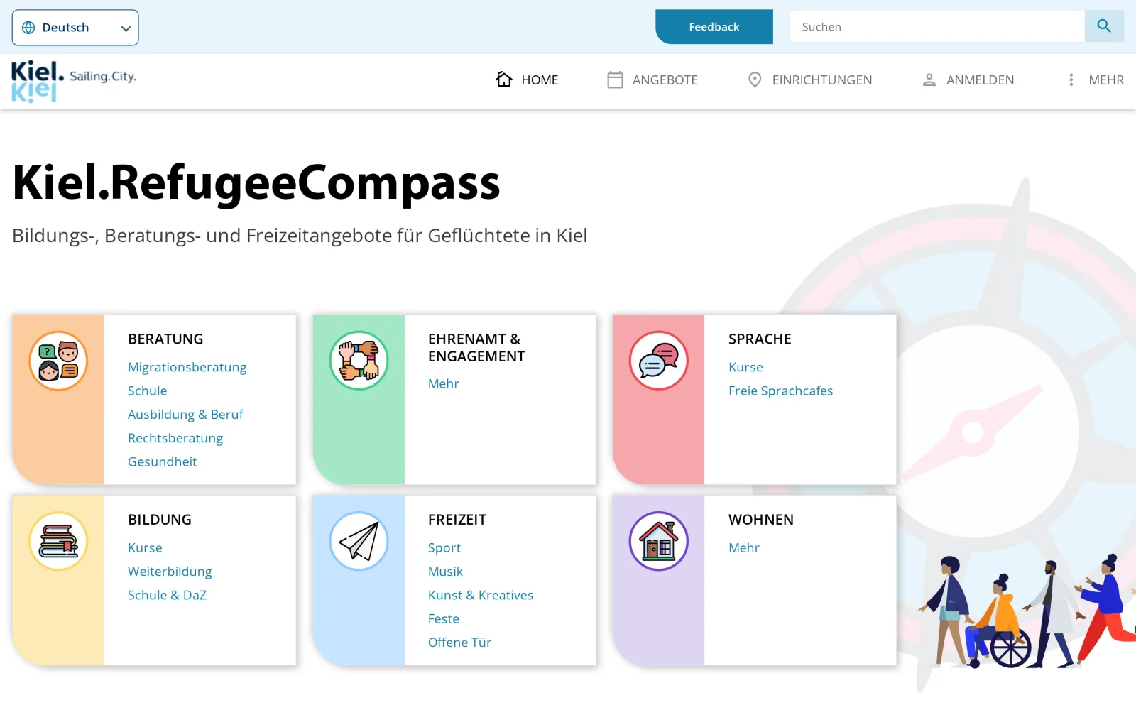 Startseite des Kiel.RefugeeCompass mit Kategorien wie Beratung, Ehrenamt & Engagement, Sprache, Bildung, Freizeit und Wohnen